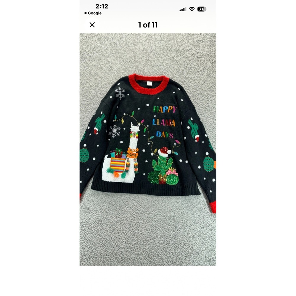Holiday Time Happy Llama Days Ugly Christmas Sweater Black Sequin Womens Large